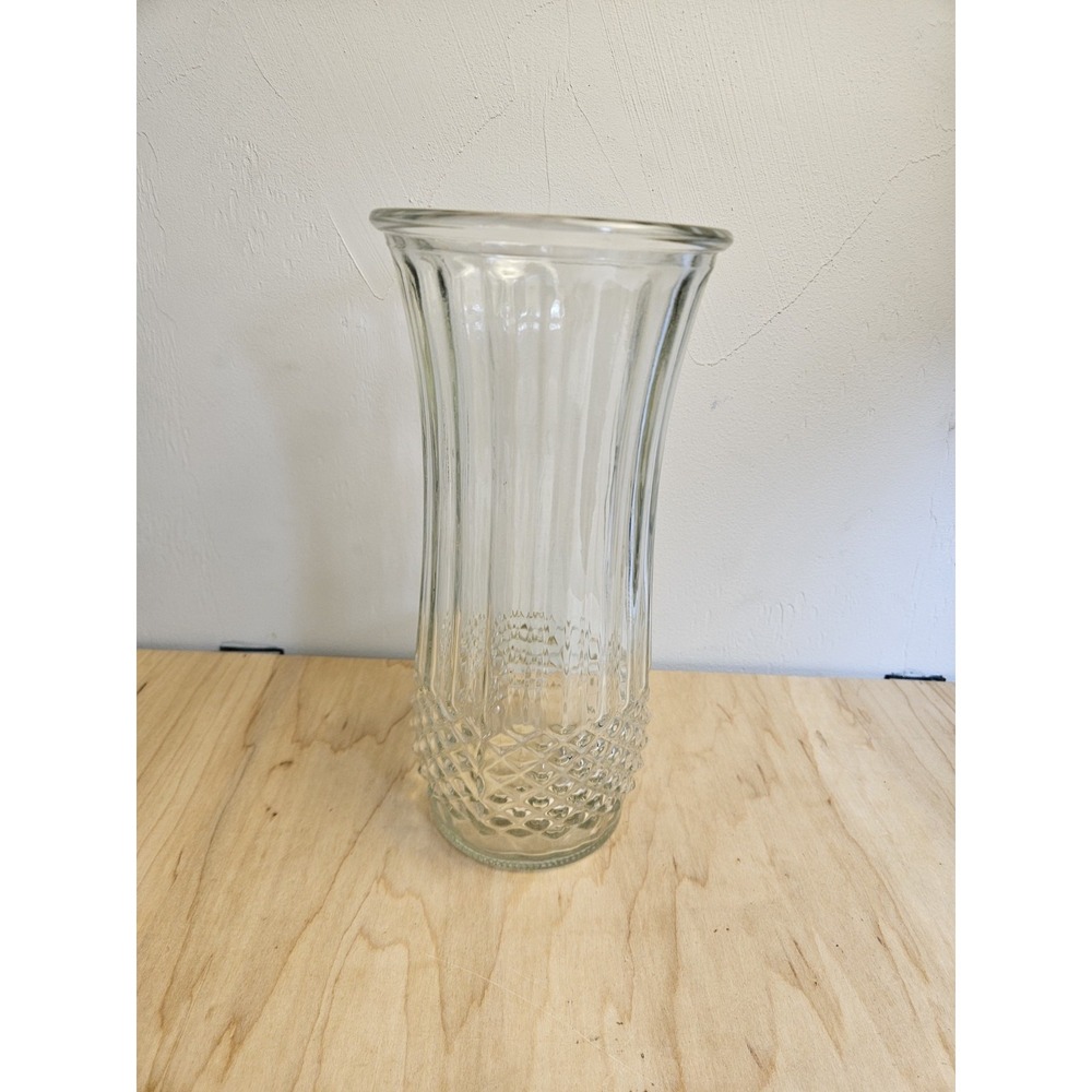 Hoosier Glass Clear Ribbed Vase Diamond Pattern Flared Rim Vintage 9"